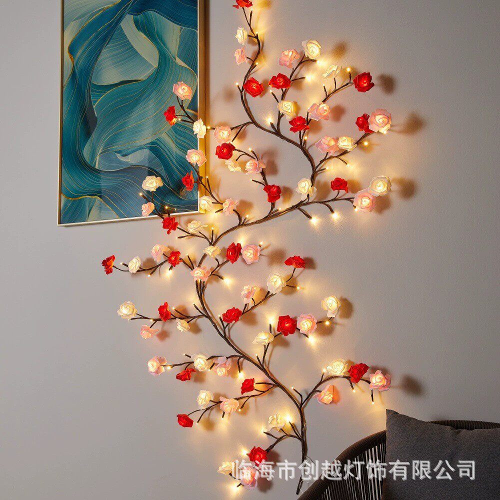 LED装饰客厅藤条灯批发卧室墙贴氛围房间装饰亚马逊灯串树藤灯串