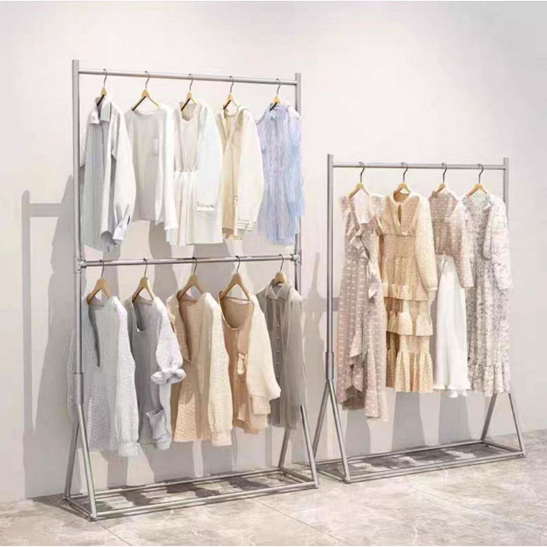 银色服装架展示架服装店简约双层落地式男女童装升降调节加粗挂衣