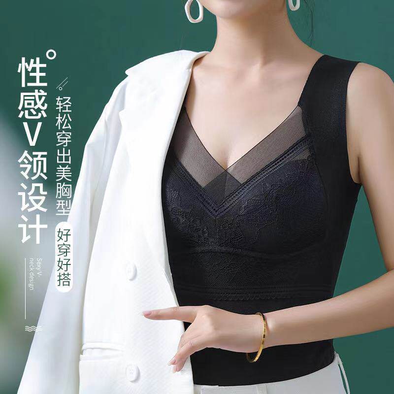 秋冬蕾丝网纱德绒保暖背心一体式免穿文胸修身托胸性感发热保暖衣