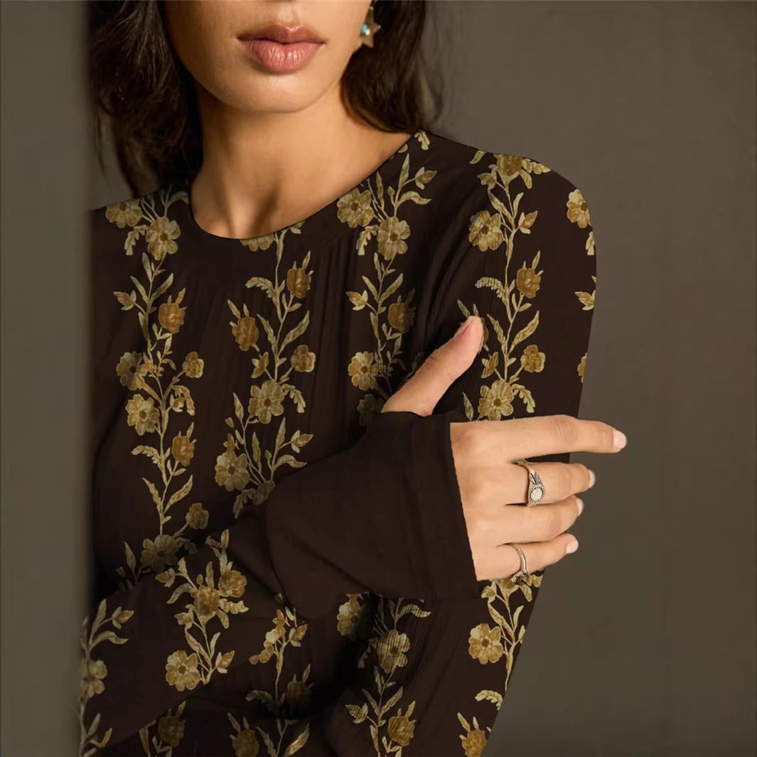 欧美跨境2026春季女装新款复古花卉印花针织修身亲肤长袖T恤