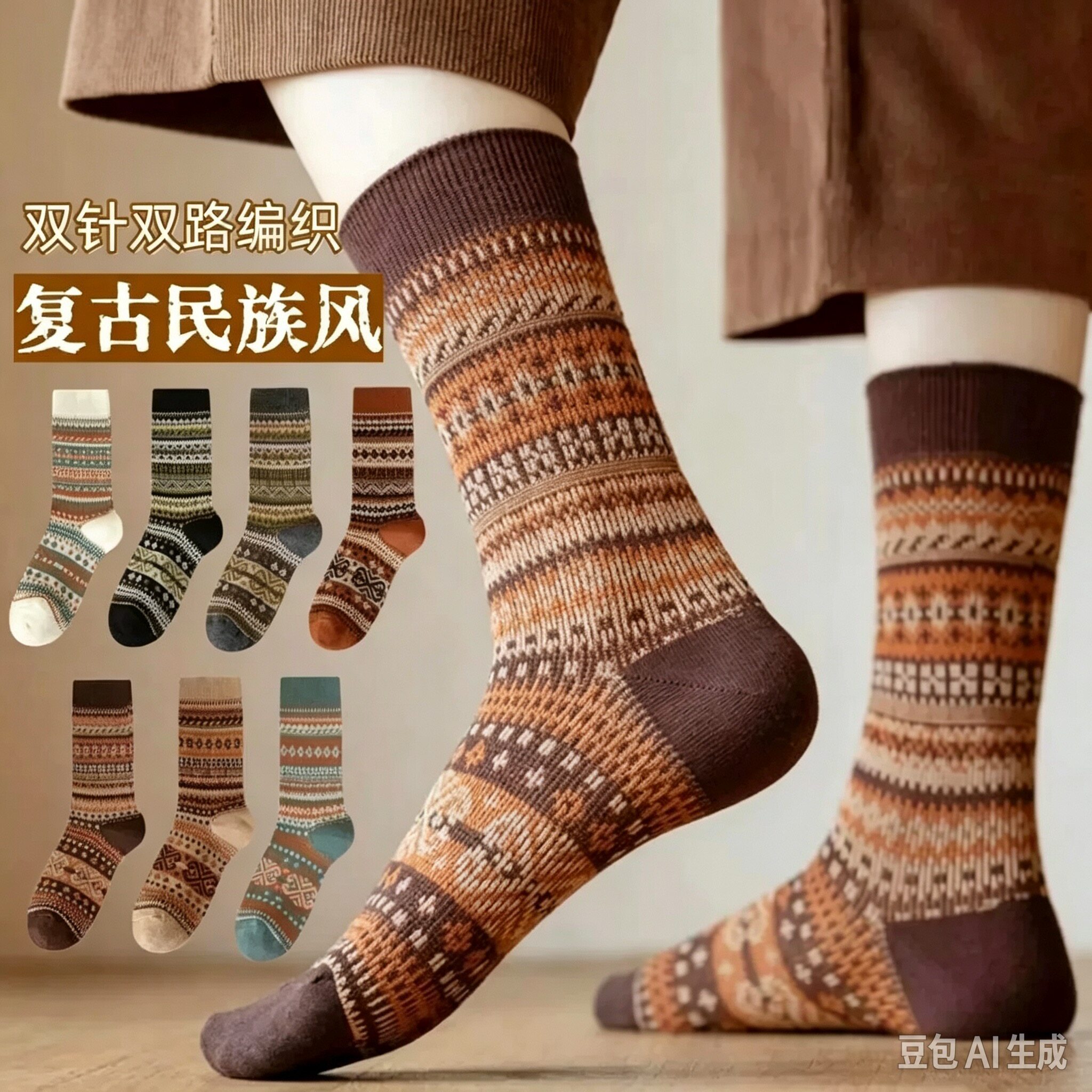 【下单立减50】袜女秋冬堆堆袜日系复古中筒民族风雅丹风时尚百BW