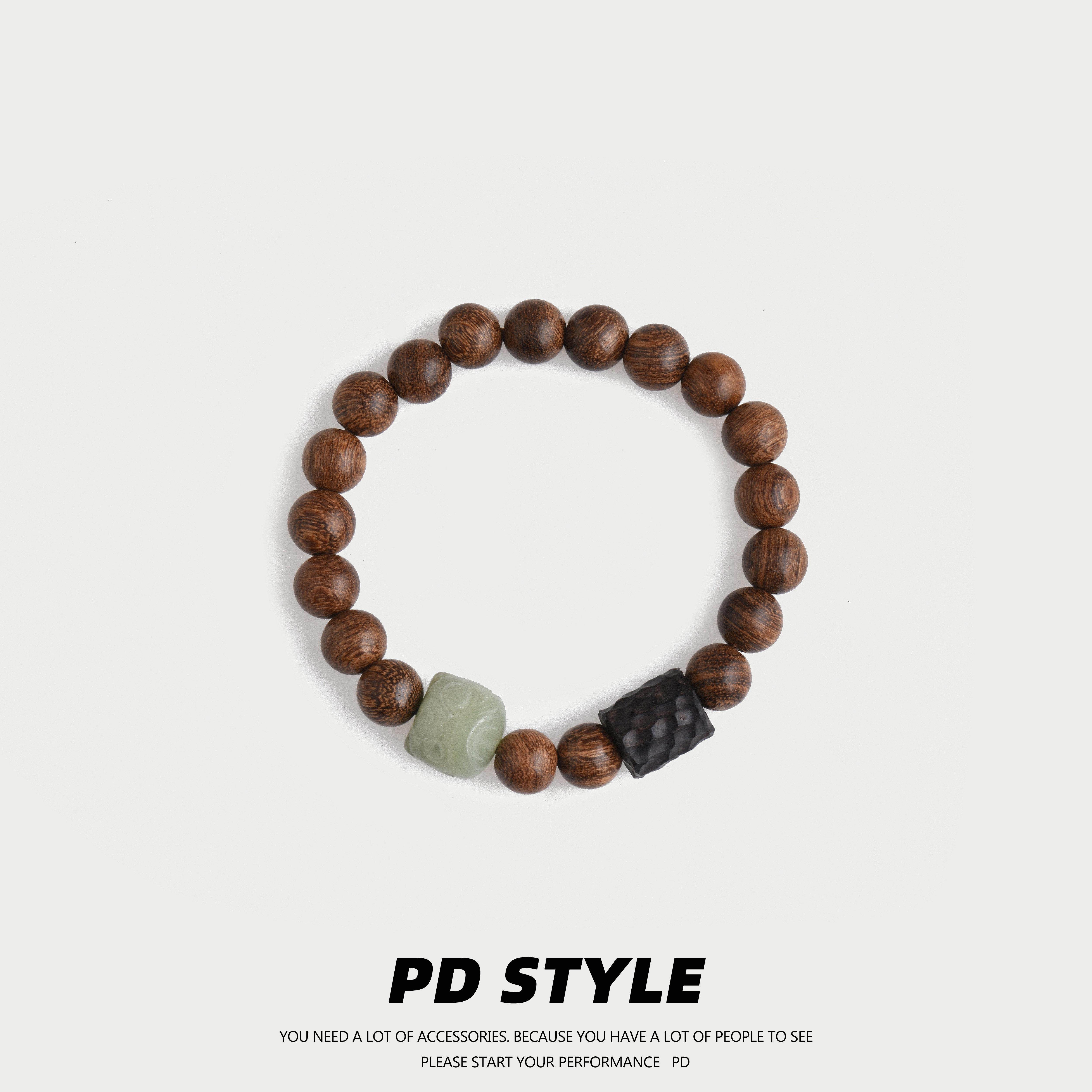 PDSTYLE 檀木小醒狮弹力绳手串男女生个性玛瑙文玩串珠手链配饰潮图片
