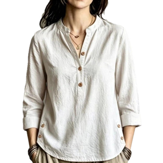 2026夏季宽松女式T恤立领侧边纽扣半开扣 亚麻七分袖欧美跨境衬衫