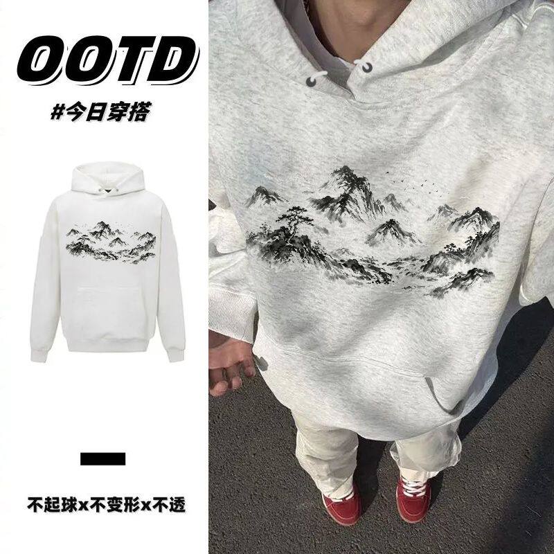 花灰色国潮山水印花连帽卫衣男女秋冬款复古学生纯棉加绒加厚帽衫