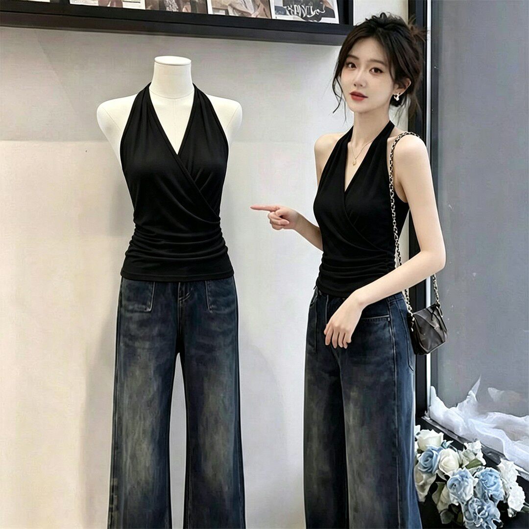 纯欲带胸垫别致美背露背吊带背心女外穿文胸一体交叉挂脖无袖上衣