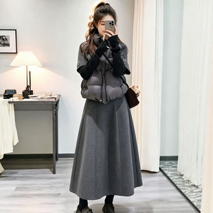 灰色毛呢花苞裙女款秋冬2026新款胖mm大码中长款高腰a字裙半身裙