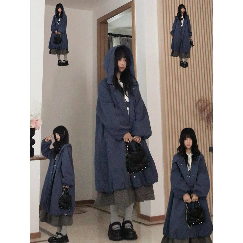 日系复古慵懒风蓝色连帽风衣外套女秋冬新款小个子刺绣中长款大衣