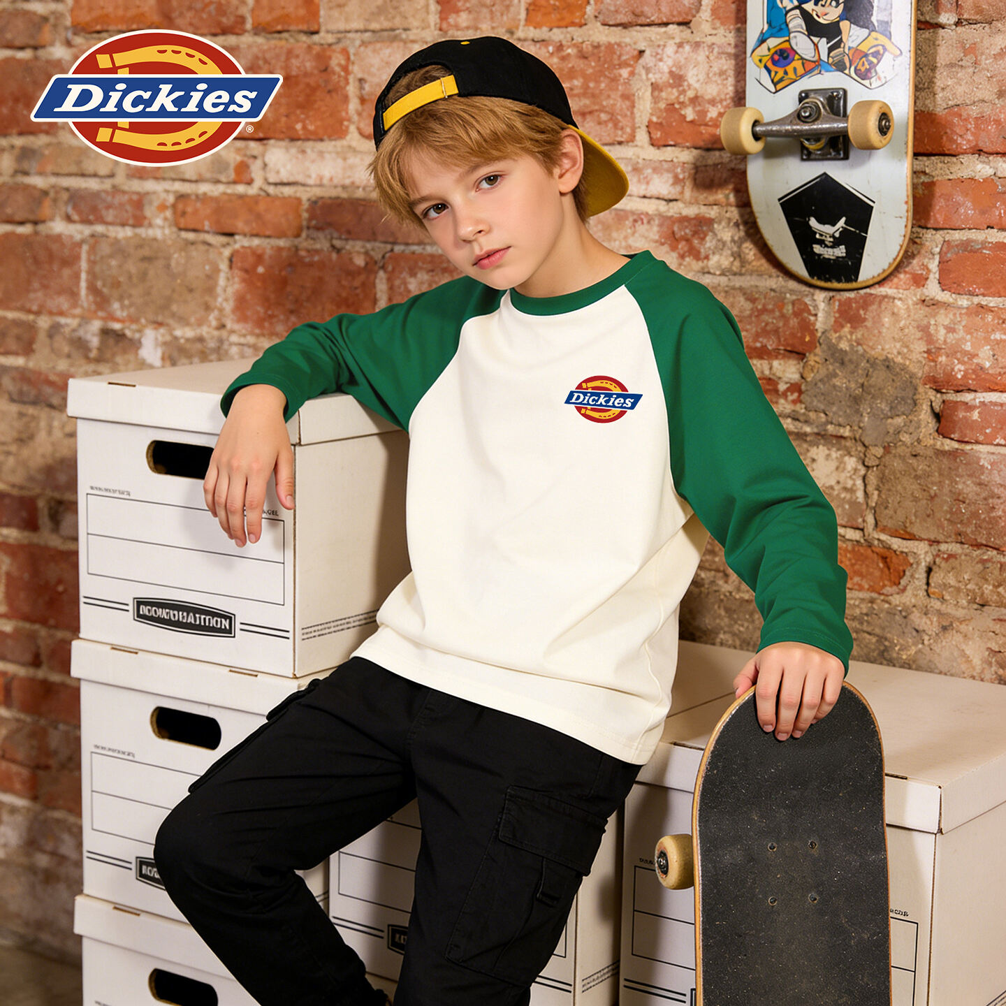Dickies6-12岁长袖t恤2026新款大童上衣纯棉时尚运动儿童衣服白色