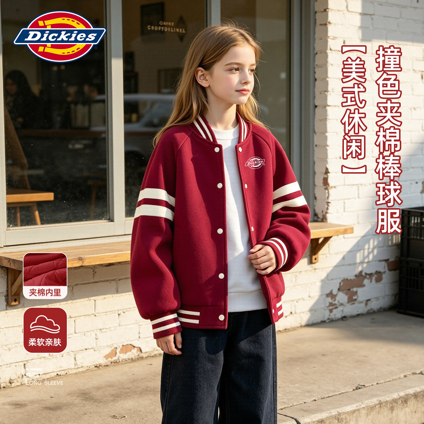 Dickies女童夹棉棒球服外套冬2026新款儿童酒红撞色上衣童装衣服