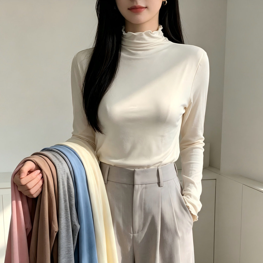 打底衫女秋冬薄款内搭紧身时尚性感半高领上衣辣妹木耳边长袖T恤