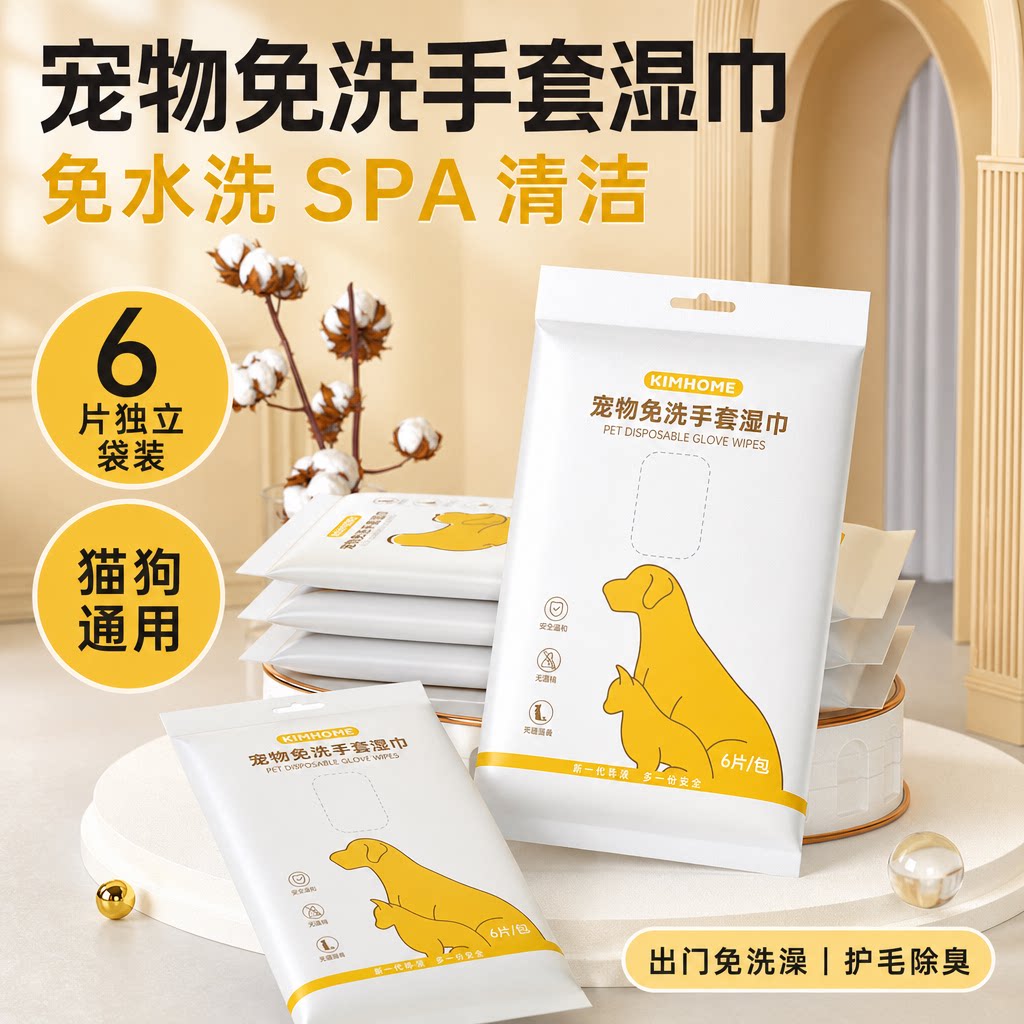 比呀呀免洗宠物手套湿巾猫狗通用一次性6片