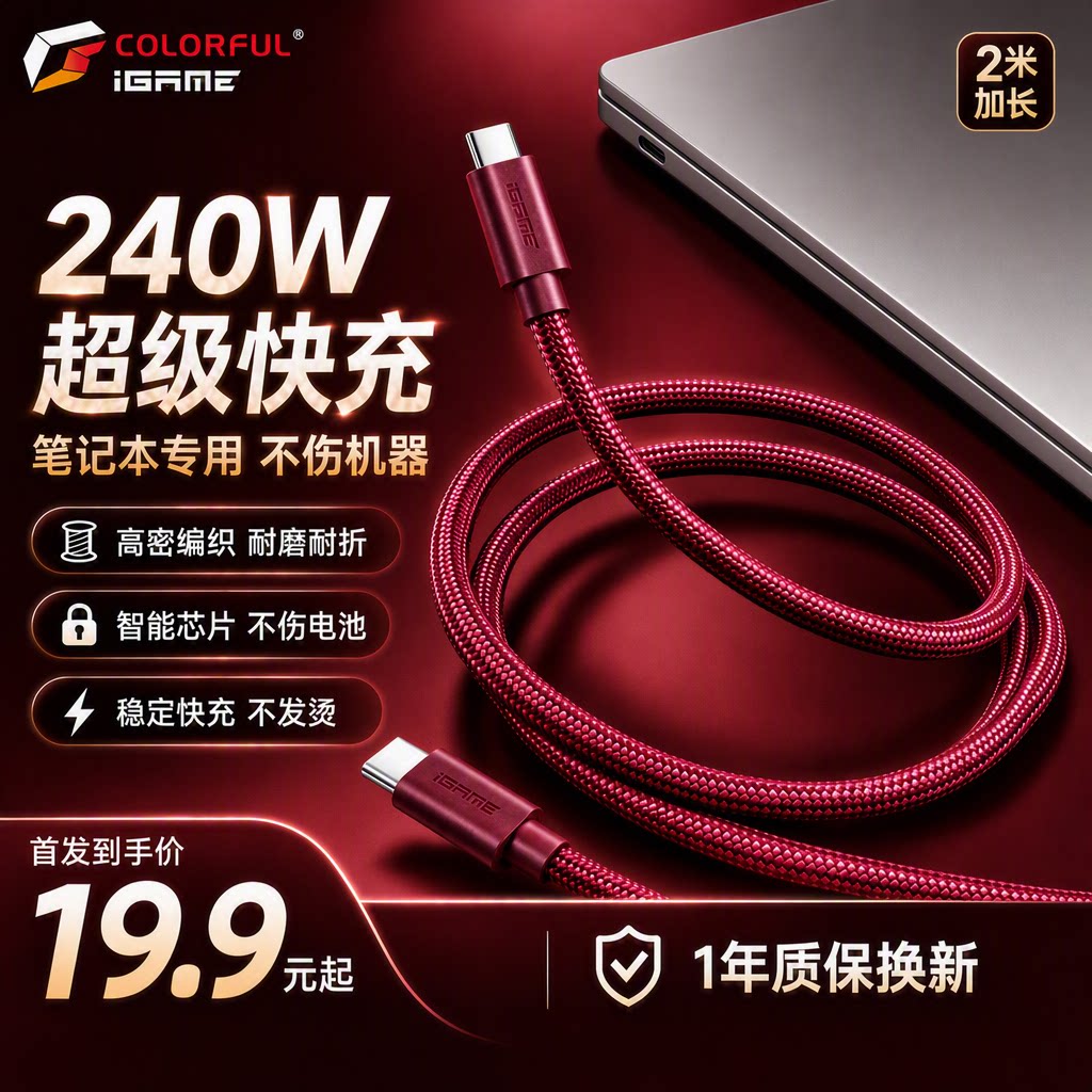 七彩虹PD240W笔记本双头type-C充电线数据线适用苹果MacBook/华为/联想/小米笔记电脑平板车载手机闪充编织