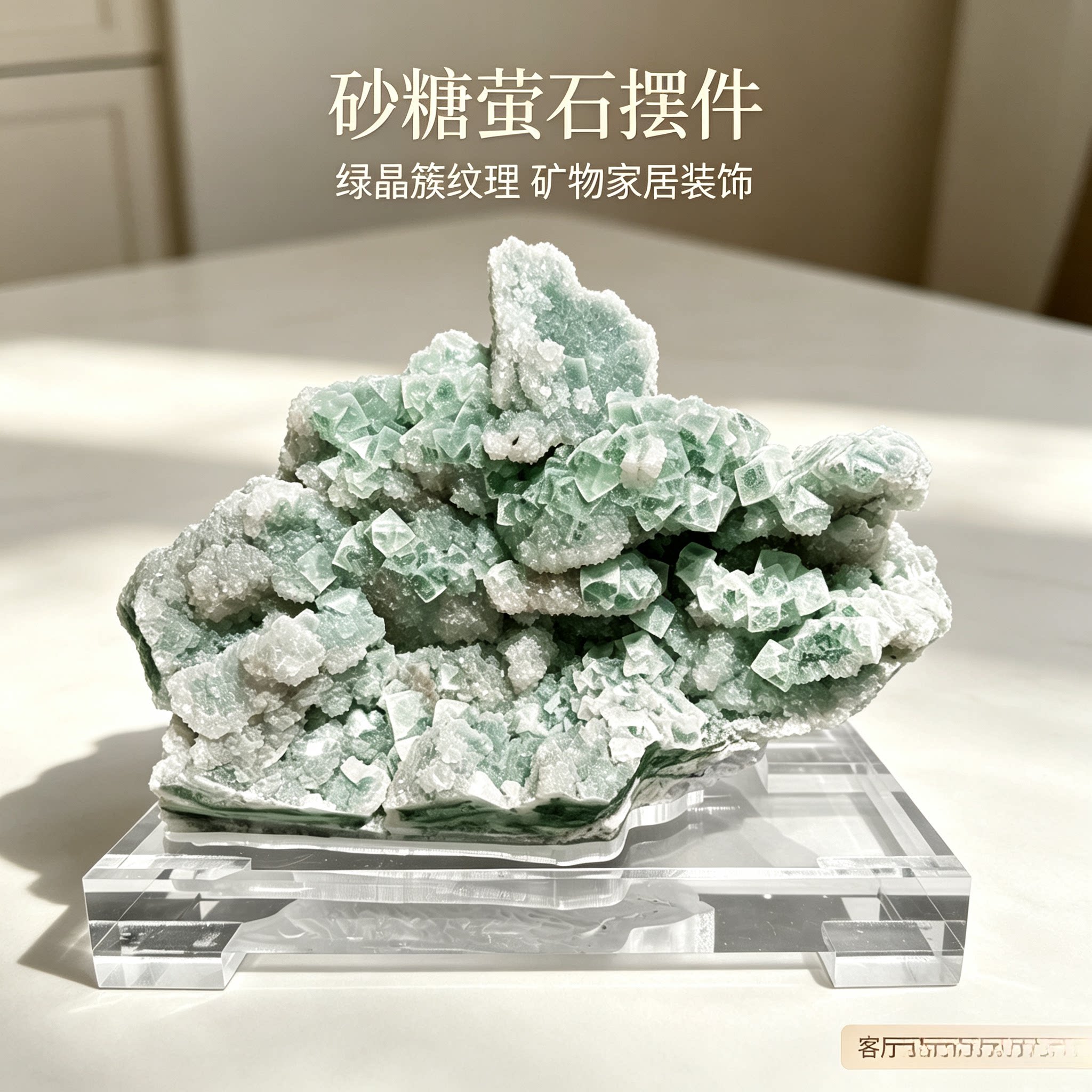天然砂糖萤石原石摆件 绿色晶簇透明底座 客厅玄关样板间装饰