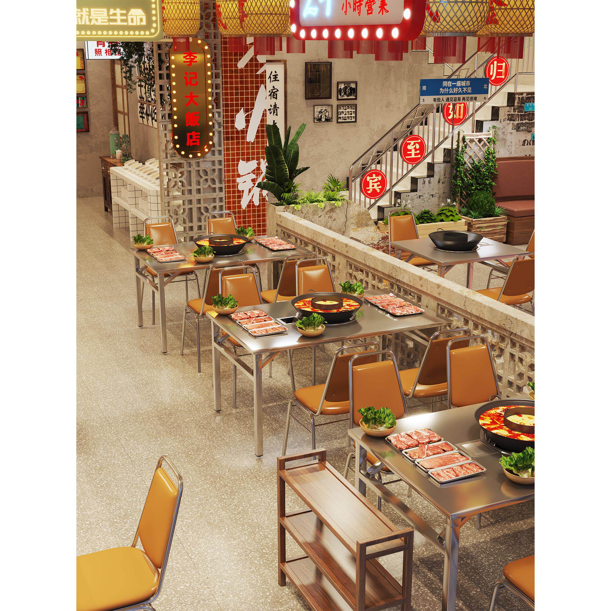 不锈钢火锅桌韩式燃气灶烤肉店商用折叠桌可定制户外地摊火锅桌椅