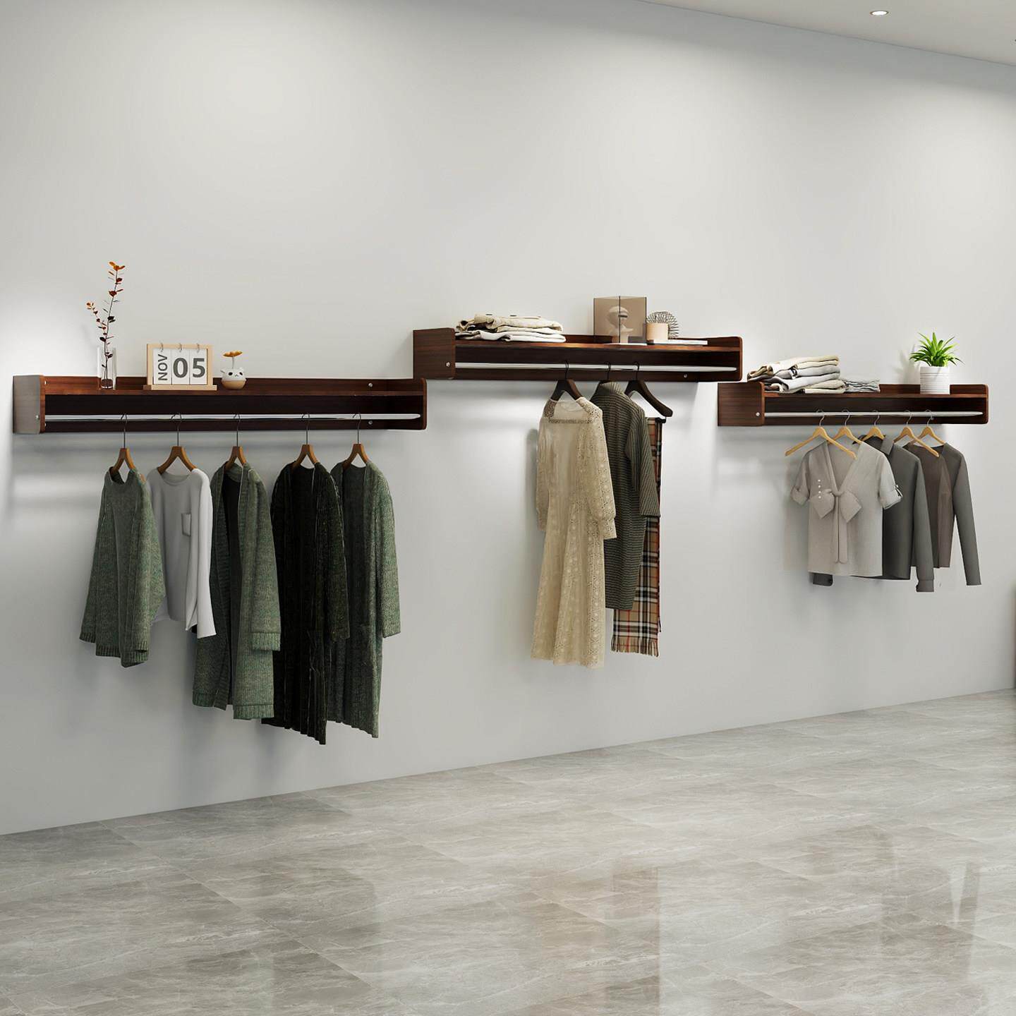 服装店展示架上墙挂衣架壁挂式木色女装店货架不锈钢卖衣服陈列架