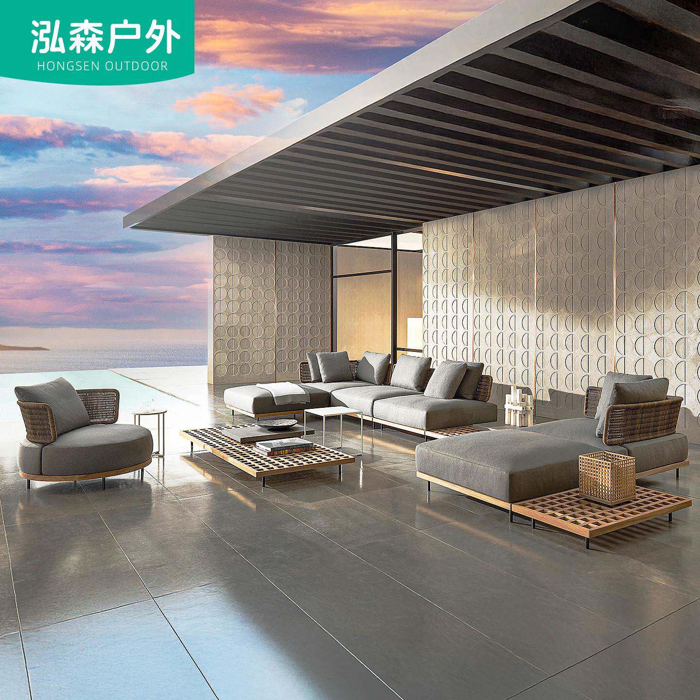 户外沙发柚木别墅庭院设计师酒店民宿样品屋展示中心室外防水休闲