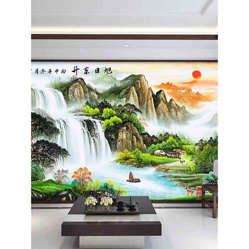 定制中式客厅电视背景墙壁布8d立体凹凸壁画山水影视墙布2025新款