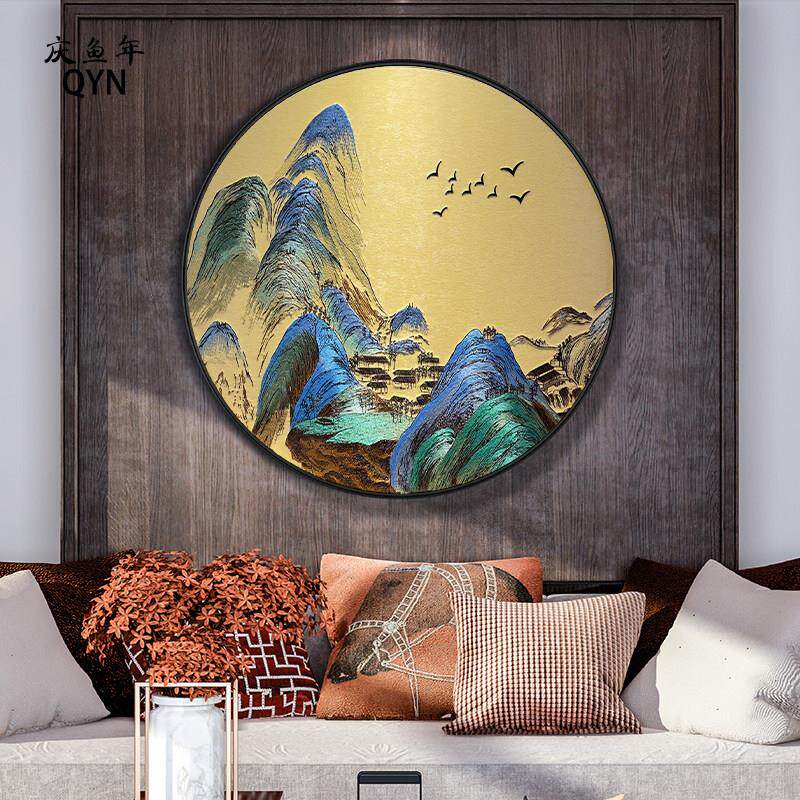 刺绣千里江山图新中式玄关装饰画饭厅圆形挂画客厅山水画书房苏绣