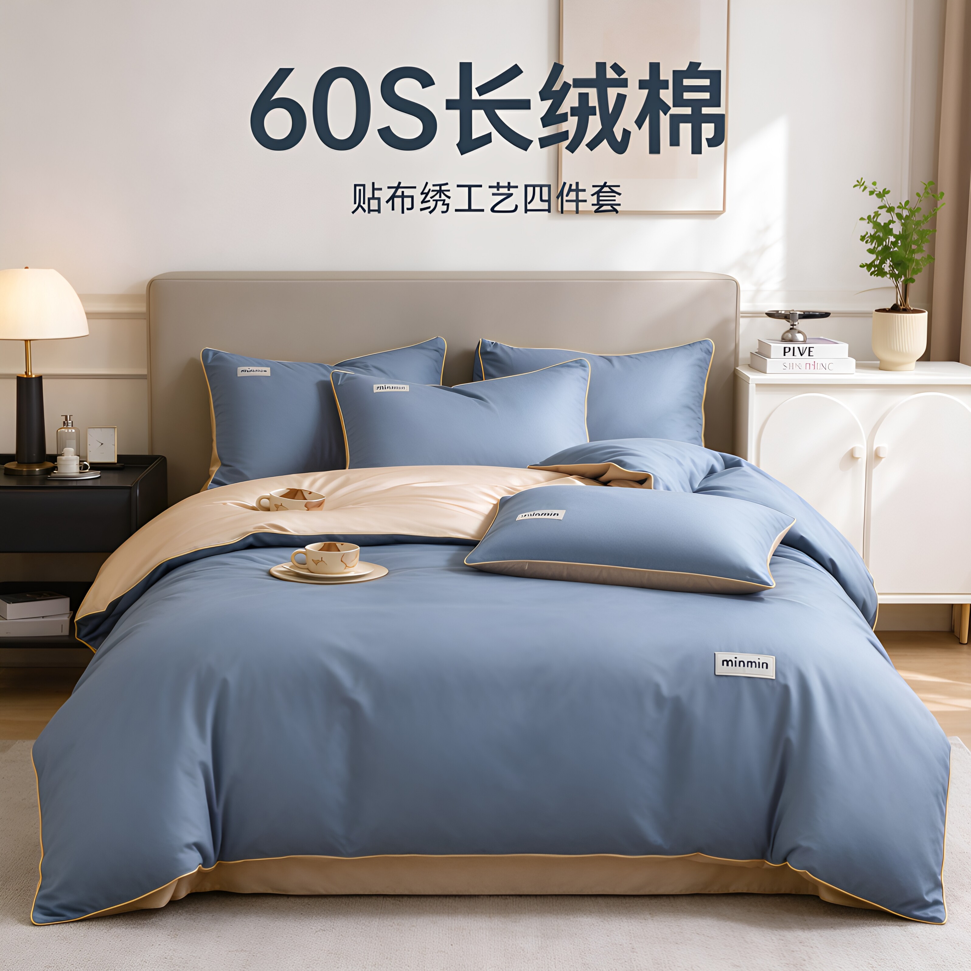 轻奢双拼全棉长绒棉四件套简约高档纯色纯棉被套床笠罩床品4件套