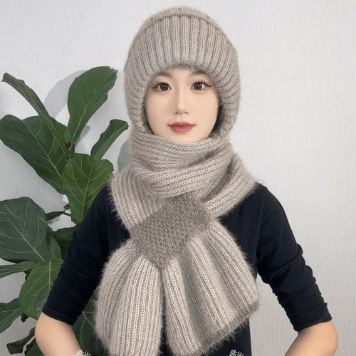 秋冬加绒加厚编织风雪帽时尚百搭女士冬天护耳朵帽子围巾一体R