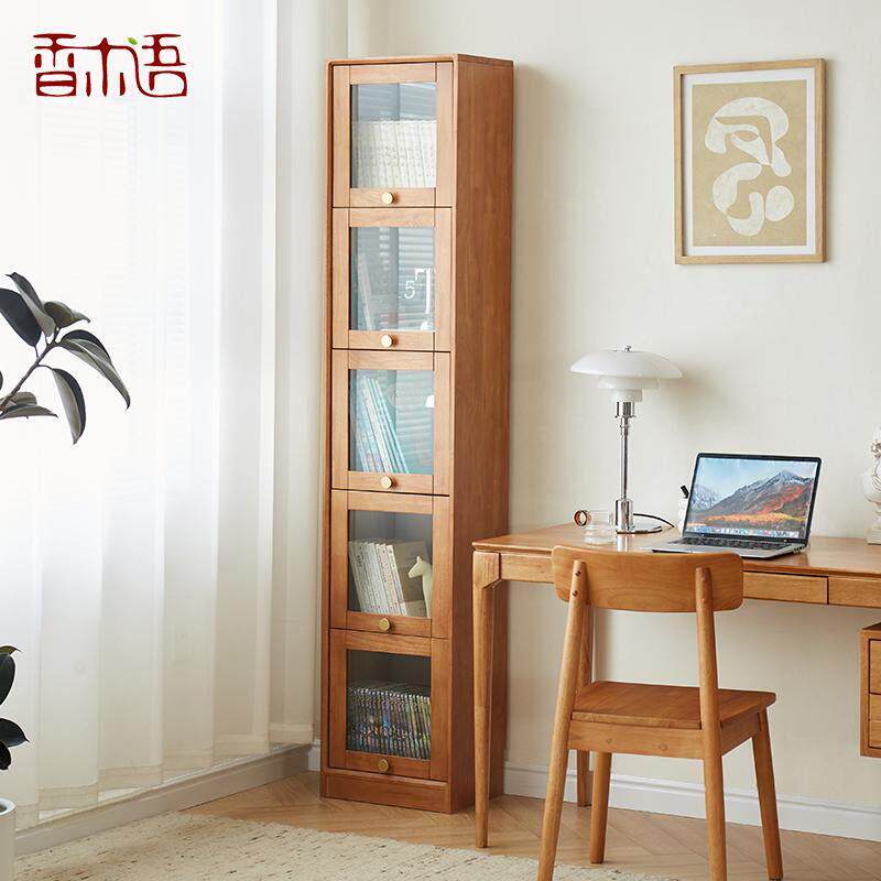 实木书柜高低窄柜组合收纳柜带玻璃门立柜书桌电视边柜夹缝展示柜
