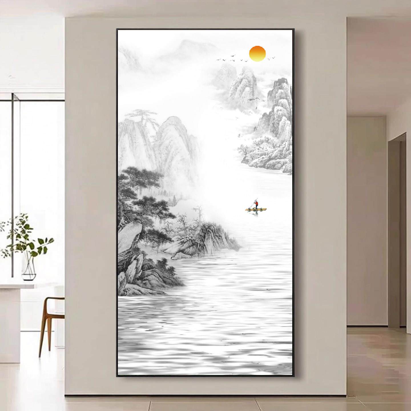 新中式水墨山水画玄关过道茶室样板房简约禅意走道黑白风景装饰画