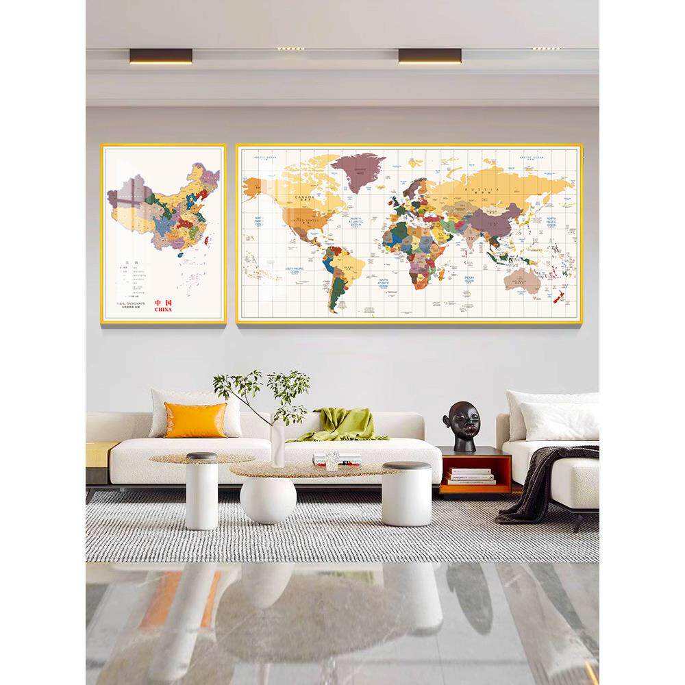 中英文世界地图墙面装饰画客厅沙发背景挂画办公室书房壁画定制大