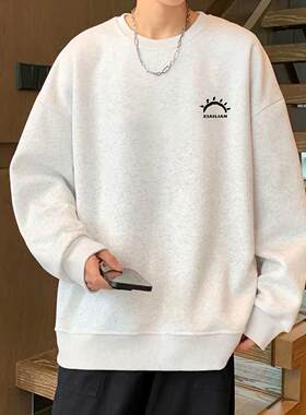 美式重磅青少年简约棉质圆领卫衣男女装宽松百搭长袖印花上衣流行