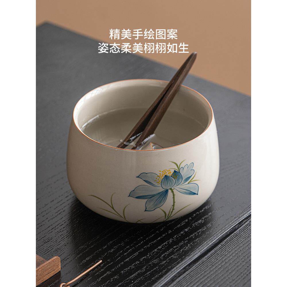 霜语草灰蓝莲茶洗茶渣罐功夫茶具配件陶瓷建成水生活污水桶水碗