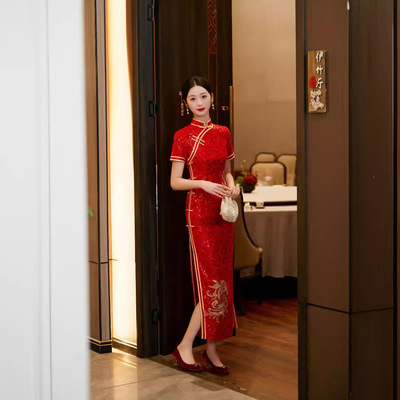 2026新款红色亮片轻款旗袍婚宴礼服气质走秀礼服裙女高品质