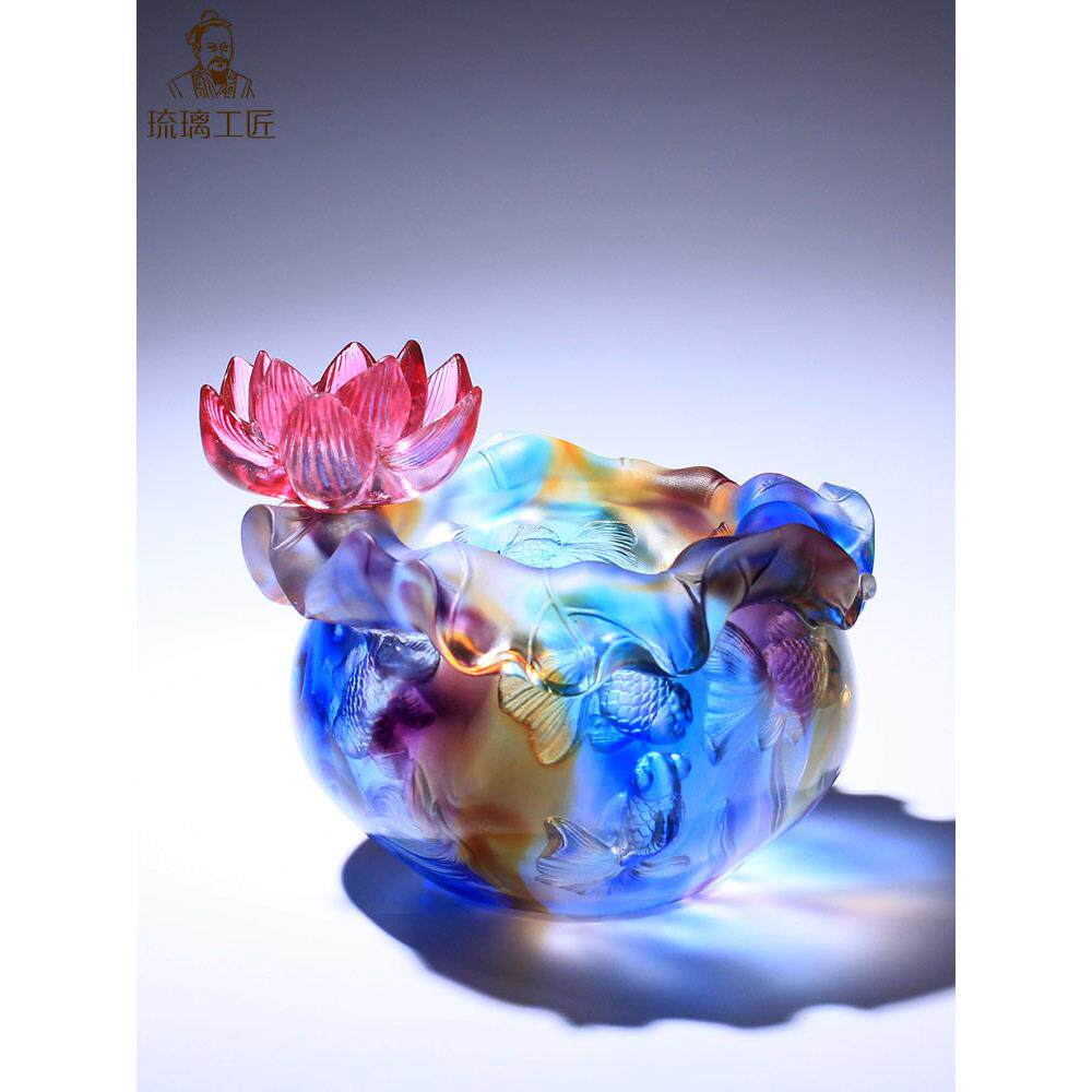 古代玻璃工艺品鱼缸聚宝盆装饰品客厅水晶乔迁礼物无障碍豪华高端
