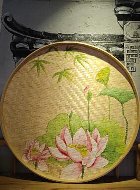 可定制手工竹簸箕手绘餐厅农家乐墙面装饰挂画荷花画册
