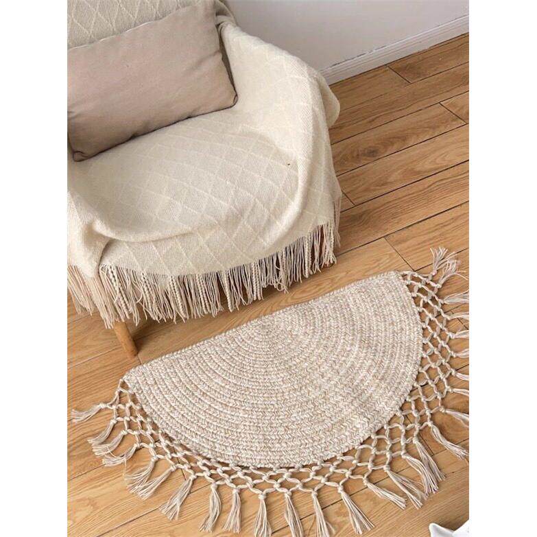 天然白色亚麻地毯半圆形编织地垫,简约自然风格的入口门垫高端定