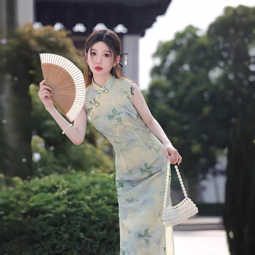 2026新款夏季网纱印花无袖长款旗袍改良版连衣裙绿色国风修身旗袍