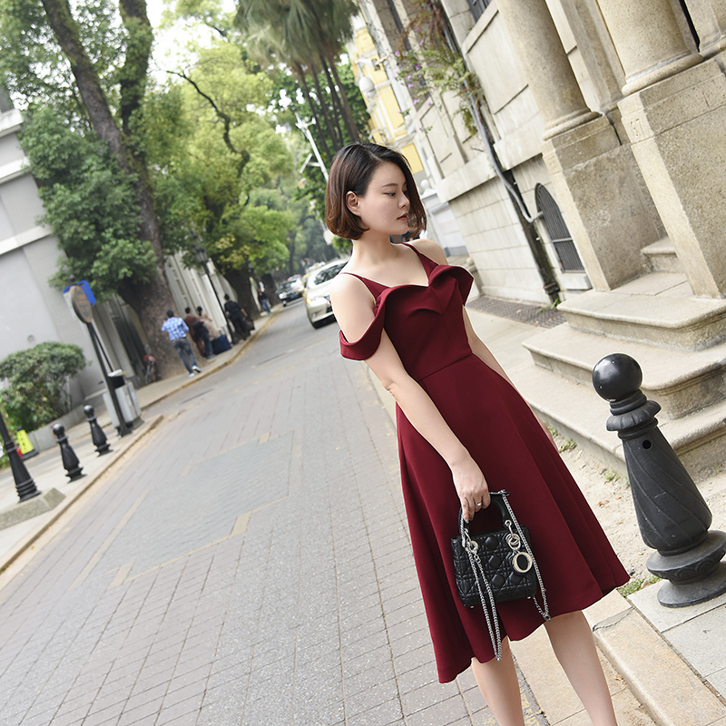 JRSHOP 深棗紅兩穿吊帶A擺大擺女連衣裙聚會優雅小禮服裙
