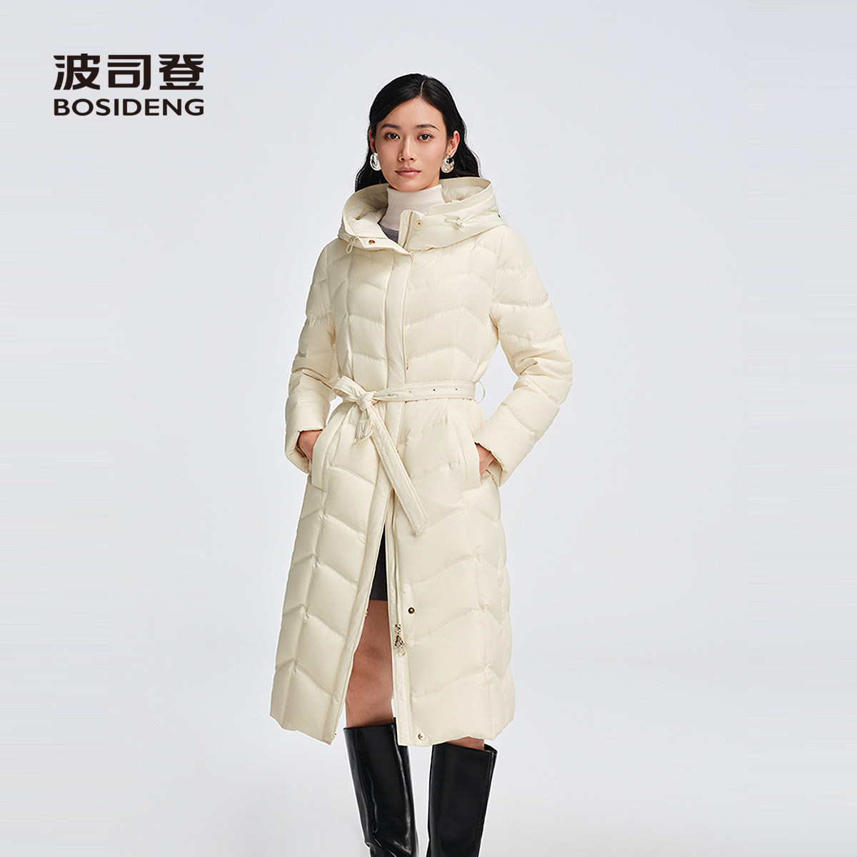 波司登女长款连帽鹅绒过膝羽绒服
