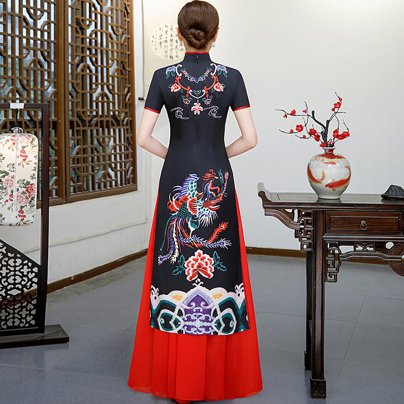 2026新款旗袍秀走秀旗袍长款演出服中年女妈妈奥黛旗袍裙两件套大
