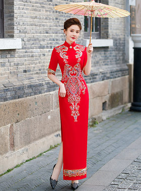 2026新款中国风新式走秀旗袍红色舞台表演演出服喜宴妈妈旗袍