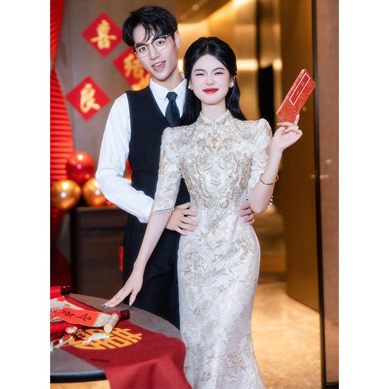 2026新款敬酒服新娘春季长款中式订婚旗袍礼服感鱼尾连衣裙高