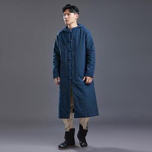 2026新款冬季青年麻连帽棉衣中式长款棉衣民族风过膝禅意加厚大衣