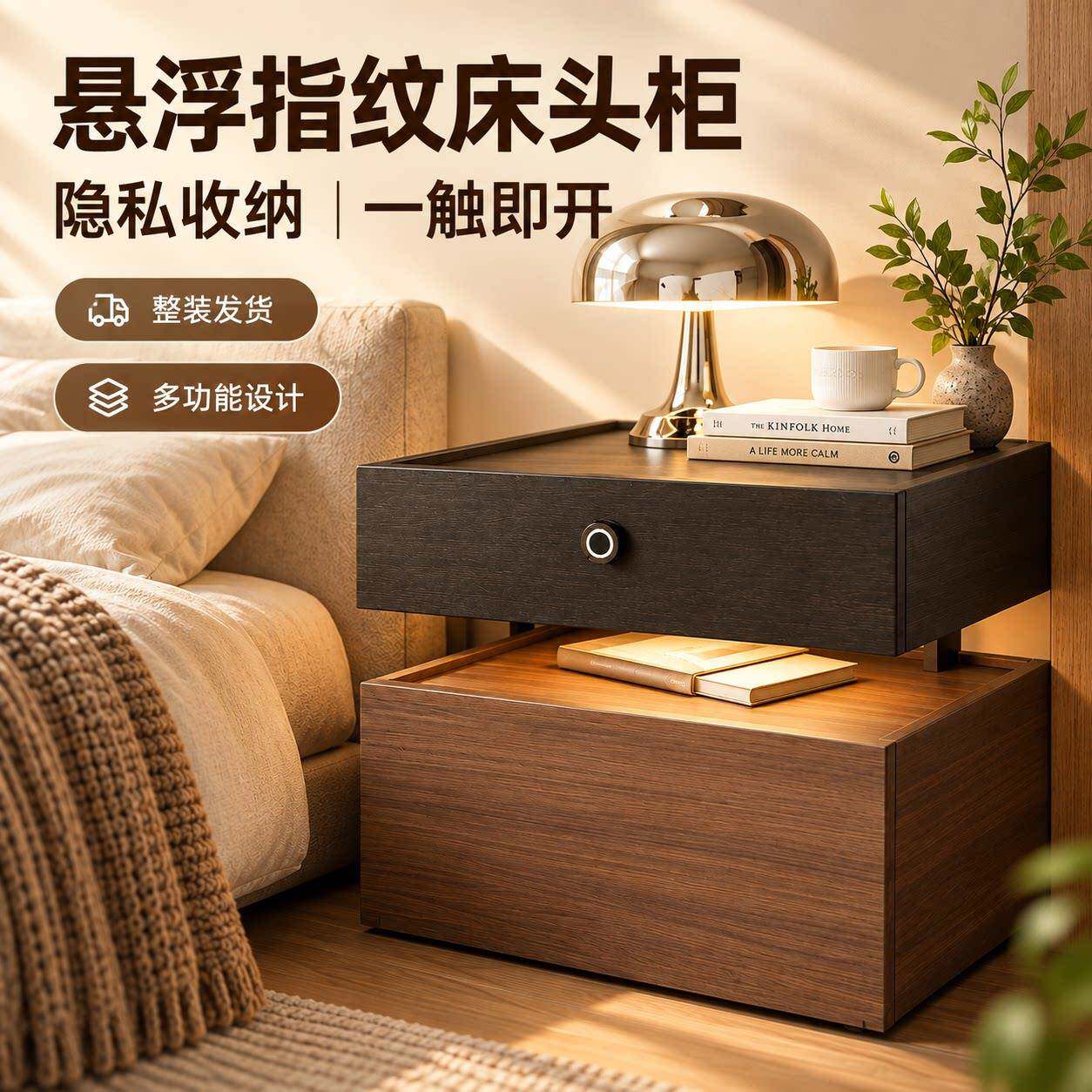悬浮积木床头柜指纹款意式极简卧室床边储物收纳柜