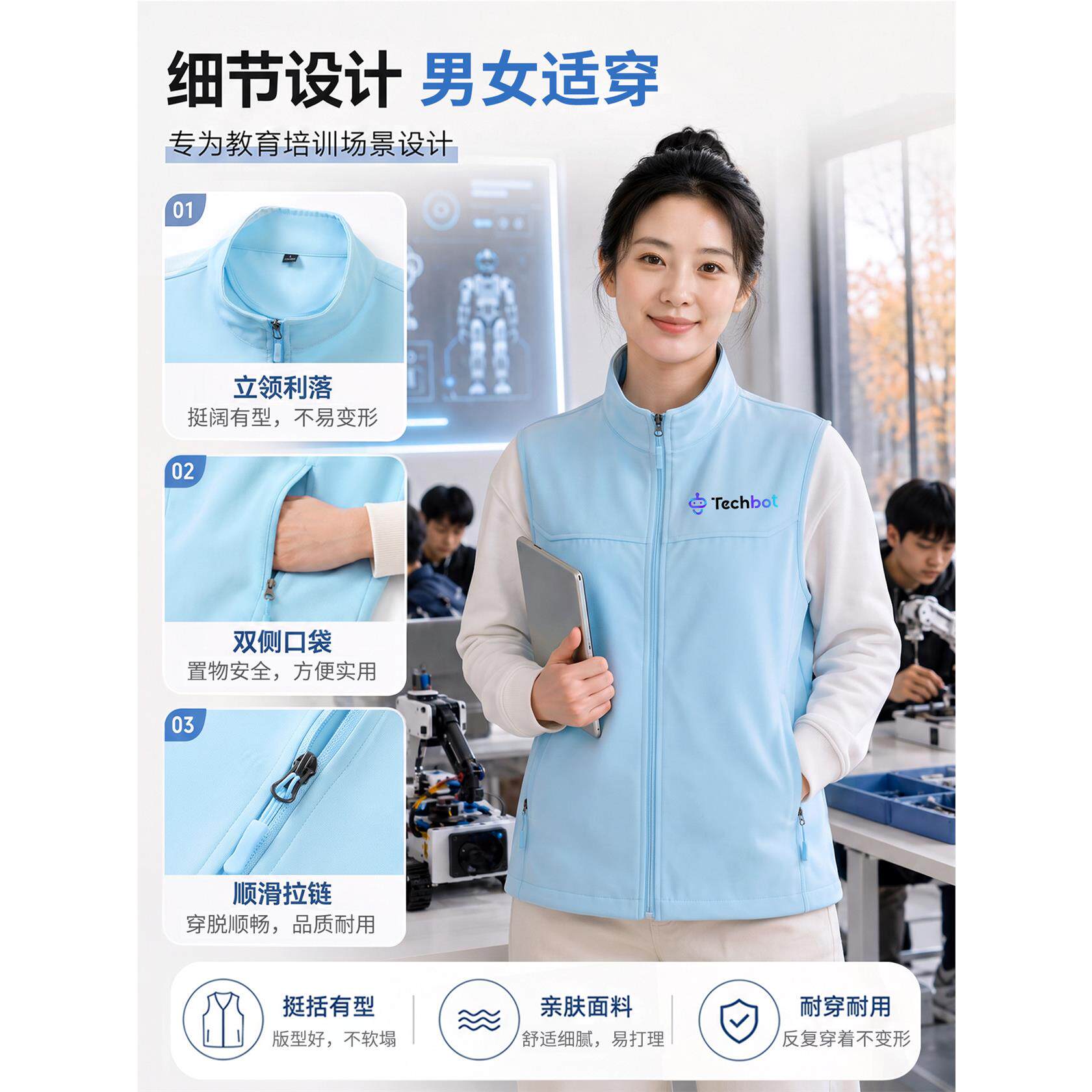 高端教育培训马甲工作服定制印logo老师机构团体活动天蓝工装背心