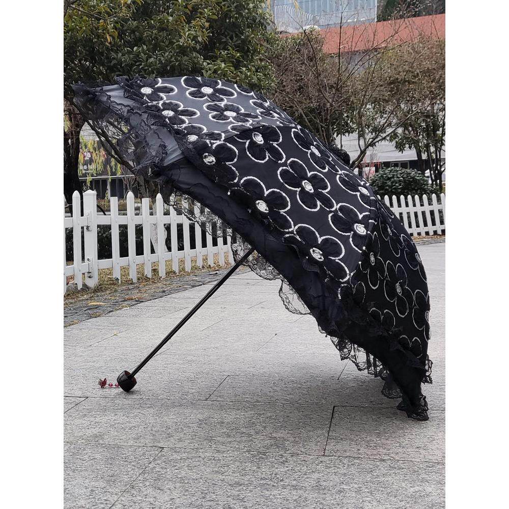太阳伞高档黑色蕾丝亮片花边防晒防紫外线黑胶晴雨两用女神洋伞