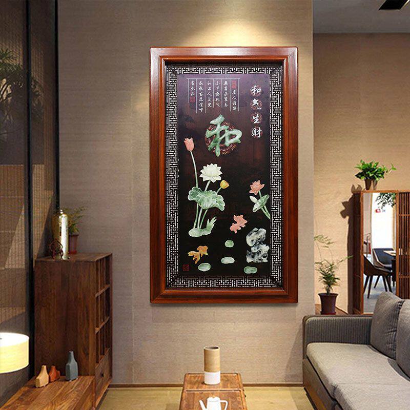 玄关装饰画中式浮雕背景墙面楼梯过道走廊墙壁实木3D立体玉雕挂画