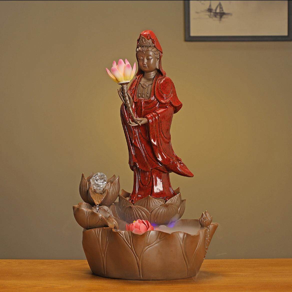 陶瓷流水摆件莲花观音佛像水循环加湿流水器室内玄关办公茶室供奉