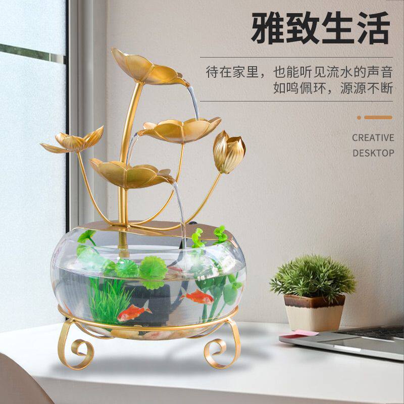 荷花流水摆件桌面送鱼缸鹅卵石水泵底座花朵桌面摆件一套鱼缸家用