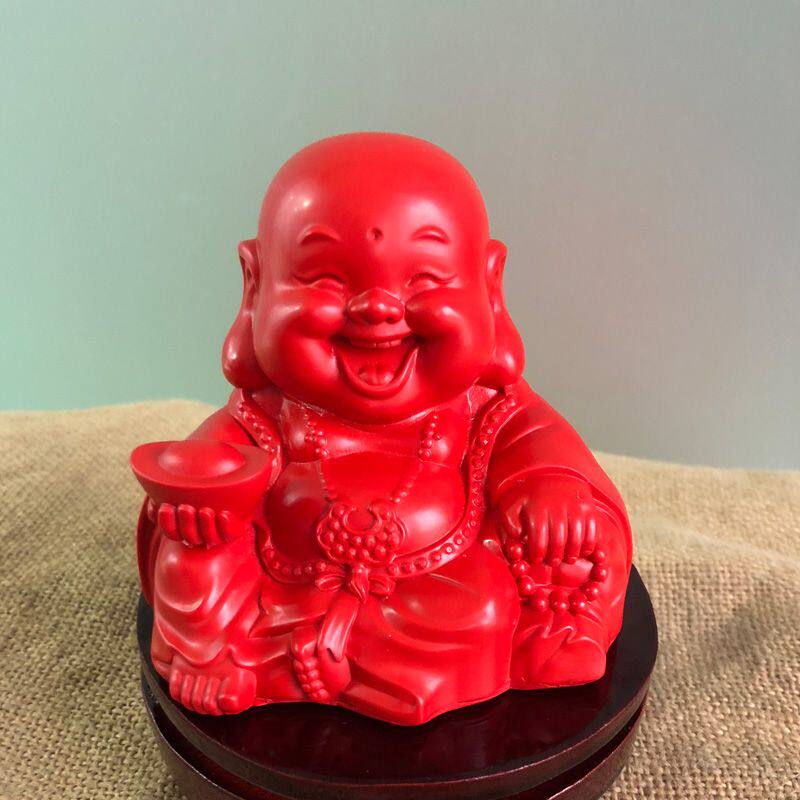 帝王红笑佛大肚弥勒佛摆件天然朱砂客厅家居装饰金元宝招财供奉佛