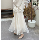 孕妇不规则纱裙半身裙春秋外穿时尚 高腰托腹打底裙 仙女杏色中长款