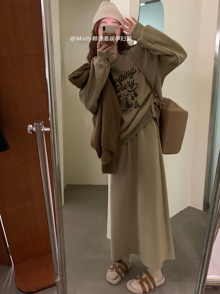 임산부를 위한 한국 스타일 슈트 패셔너블한 메일라드 프린트 풀오버 벨벳 두꺼운 스웨트셔츠 + 스커트 투피스 슈트