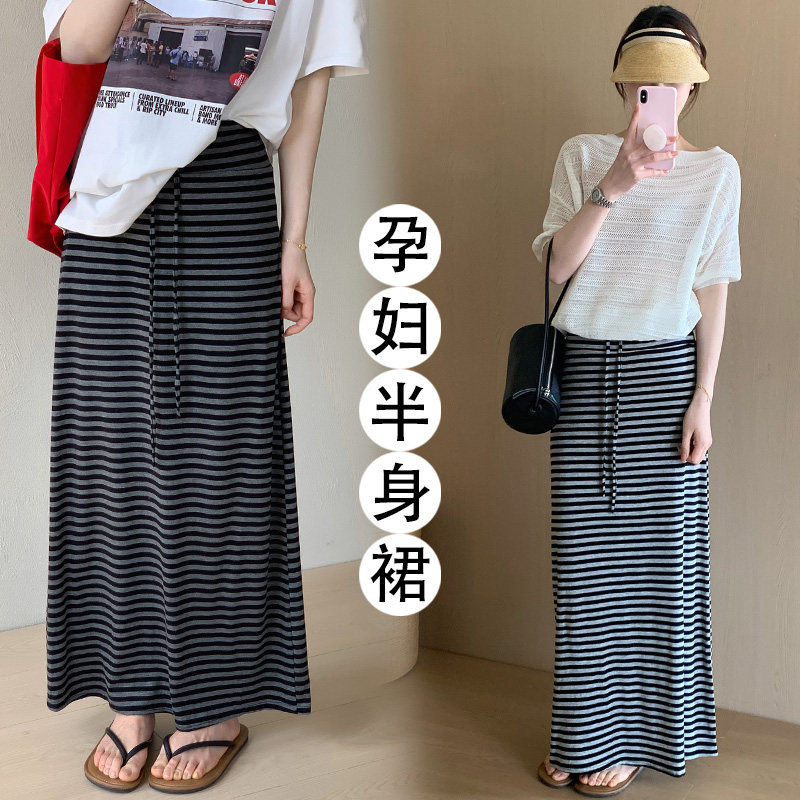 孕妇裙夏季薄款2026新款甜美气质条纹半身裙韩版休闲显瘦显高长裙
